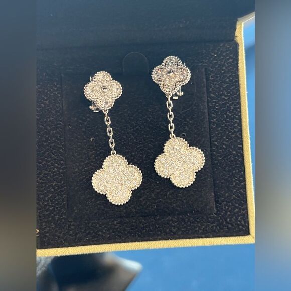 Silver Plated Lucky Alhambra Clover Drop Earrings with Crystal accents w… - Picture 10 of 10